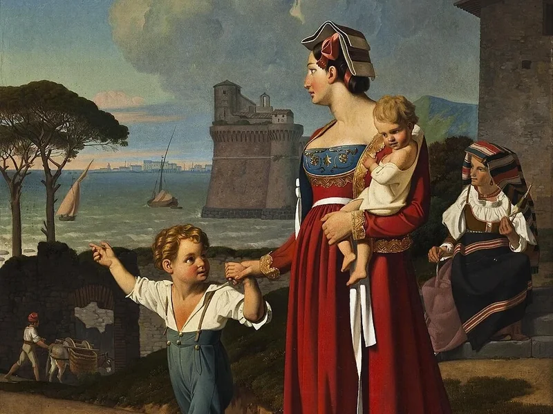 1804-Niels Peter Holbech - Giovane donna con due bambini e un'anziana con un fuso sullo sfondo, la città di Nettuno - 1831